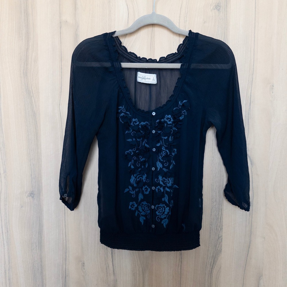 Y2K Abercrombie & Fitch Womens Sheer Blouse S Navy Floral Embroidered Boho Fairy
